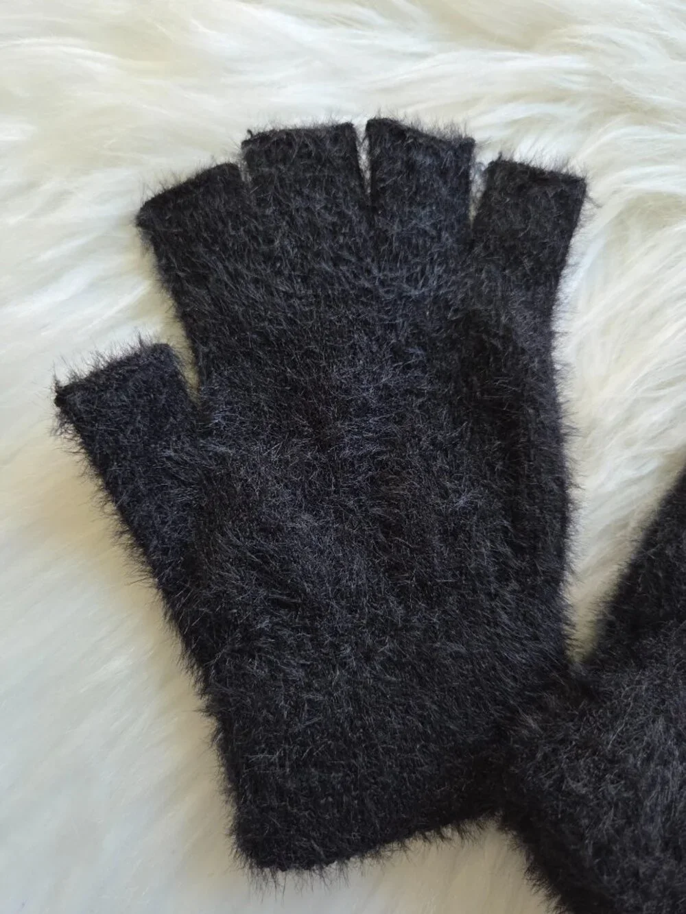 Fuzzy Black Fingerless Gloves